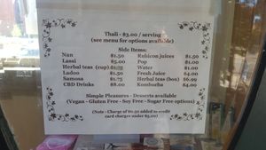 Current menu 9/4/2020 and much more offered.  I had all vegan... channa masala, sag tofu, tofu masala, samosa, rice, nan and peanut butter cake in two visits.  It was all awesome!! at Earthen Jar in Ann Arbor