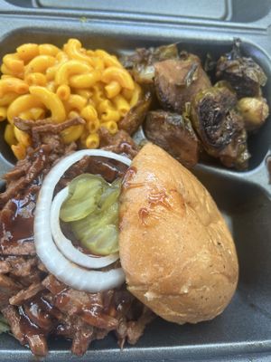 Veef sandwich with Brussels sprouts and Mac   at Houston Sauce Pit in Houston