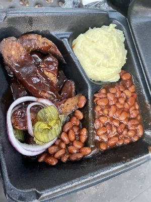 Links plate with potato salad and baked beans   at Houston Sauce Pit in Houston