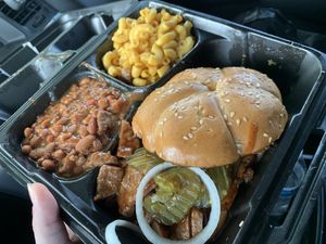 Chopped veef sandwich with baked beans and Mac at Houston Sauce Pit in Houston