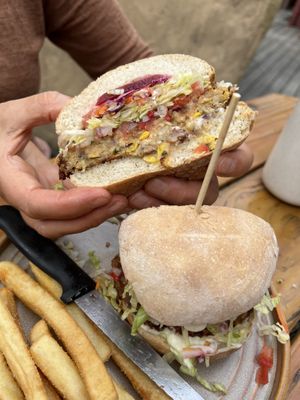 The inside on the burger  at Roots Bar in Takaka