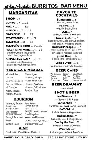 2022 BAR MENU at girlsgirlsgirls Burritos in Lexington