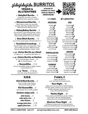 2022 VEGAN, GLUTEN-FREE, KIDS & FAMILY MENU at girlsgirlsgirls Burritos in Lexington