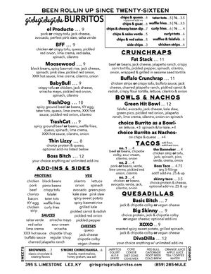 2022 MAIN MENU at girlsgirlsgirls Burritos in Lexington