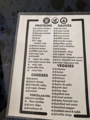 Menu of custom options with vegan marks at girlsgirlsgirls Burritos in Lexington