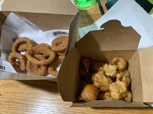 Real onion rings and fried pickle at The Bayside Cafe in Everett