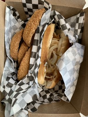 everett brat with onion rings  at The Bayside Cafe in Everett