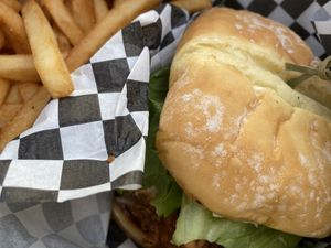 Chickun Burger with fries at The Bayside Cafe in Everett
