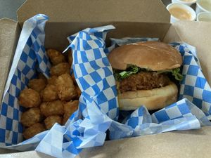 Chickun ghost Sammy and tots, the burger is filling alone!  at The Bayside Cafe in Everett