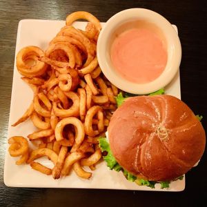 Cheeseburger/curly fries/special sauce at The Bayside Cafe in Everett