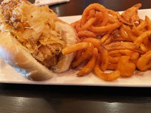 German brat (with sauerkraut & onions, & grain mustard ) at The Bayside Cafe in Everett