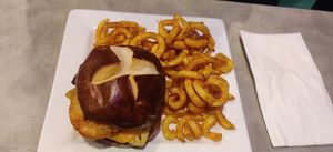 Breakfast sandwich with curly fries at The Bayside Cafe in Everett