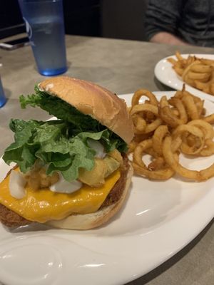 Fishless Burger w/ curly fries  at The Bayside Cafe in Everett