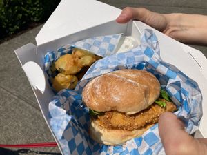 Chickun Ghost burger with fried pickles at The Bayside Cafe in Everett