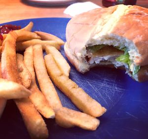 Fishless Filet and fries...so yummy. Bite taken so that the “fish” is more visible. :) at The Bayside Cafe in Everett