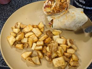 Nora's burrito with breakfast potatoes (vegan) at Good Truckin' Diner in Lansing