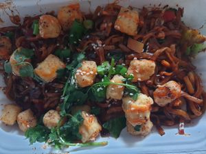 veggie chow mein with crispy tofu at B8 in Dorchester