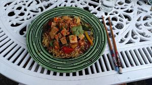 popcorn tofu with hoisin noodles at B8 in Dorchester