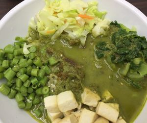 Thunder tea rice $6. Firm tofu, preserved radish, cabbage, long beans, greens.  at Tian Yuan 田园健康食品 in Central Singapore