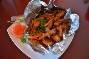 Basil tempura - can be made mild (tempura style soy meat, red bell peppers, chili peppers, basil, chef's special sauce) at Garden Fresh in Palo Alto