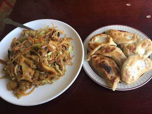 Veggie Chicken Chow Mein, and Vegetable Potstickers at Garden Fresh in Palo Alto