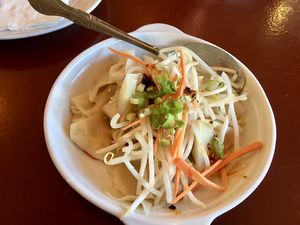 Veggie wonton with peanut sauce at Garden Fresh in Palo Alto