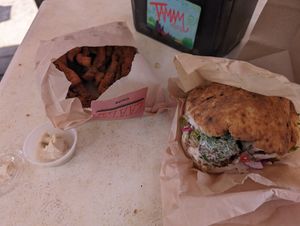 Pita chips and falafel pita at Tamam - Upper East Side in New York City