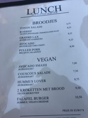 Vegan lunch menu at Restaurant de Merwelanden in Dordrecht