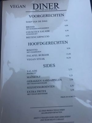 Vegan dinner menu at Restaurant de Merwelanden in Dordrecht