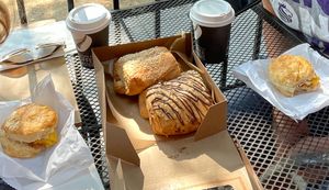 Croissants, biscuit sandwiches, and hot chocolate  at Mud Pie Stand in Sacramento