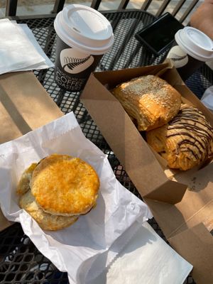Chocolate and turkey/cheese croissants, spam biscuit sandwiches, and soy hot chocolate  at Mud Pie Stand in Sacramento