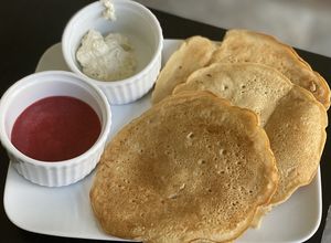 Pancakes with berry compote  at Mud Pie Stand in Sacramento