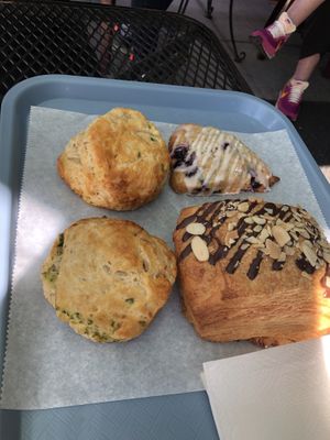 Jalapeño And Cheese Biscuit / Blueberry Scone / Chocolate Croissant   at Mud Pie Stand in Sacramento