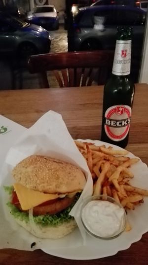 Chicken burguer, fries, mayo and beer. All around 9€.  at vego Foodworld in Berlin