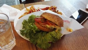 Hawaii chicken burger with fries at vego Foodworld in Berlin