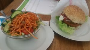 Salad and burger  at vego Foodworld in Berlin