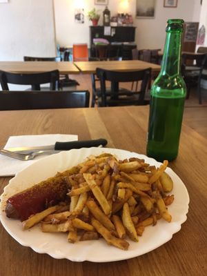 Currywurst and fries  at vego Foodworld in Berlin
