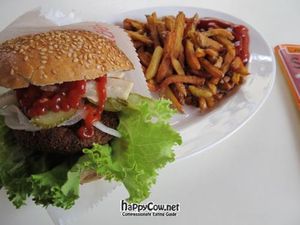 homemade cheese burger and fries at vego Foodworld in Berlin