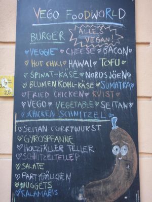 The board outside Vego World shows only *some* of the menu items. The actual menu is extensive, but this gives you an idea of what is on offer.  at vego Foodworld in Berlin