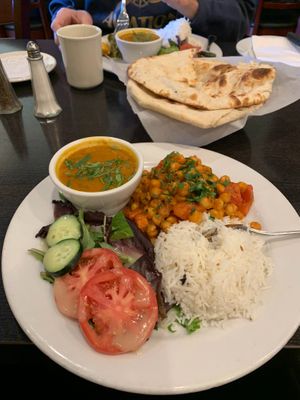Pindi Channa Masala lunch with rice, side salad, and lentils (ask for it vegan)  at Curry & More in San Diego