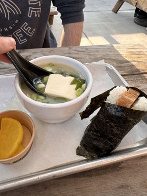 Pickled radish, miso soup, atsuage onigiri   at Okome House in Minneapolis