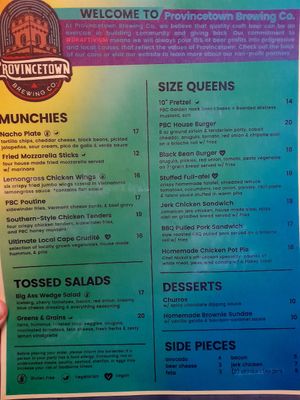 Menu at Provincetown Brewing Co in Provincetown