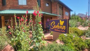 Located on the corner of Jordan and Apple in Uptown at Sedona Wellness Cafe in Sedona