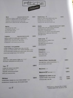 Pastries menu at Fetiche in Ljubljana