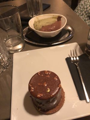 charlie brown cake, chocolate and pistachio ice cream  at Fetiche in Ljubljana