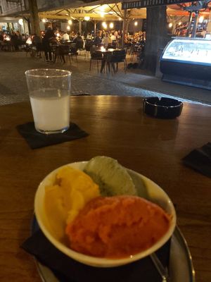 vegan ice cream mix (pistachio, mango, strawberry) at Fetiche in Ljubljana