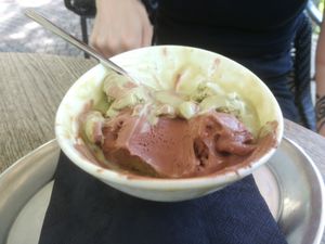 Many types of ice cream, chocolate, pistachio and a lot of fruit. My friend ear loved the taste. 😊 at Fetiche in Ljubljana