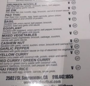 Vegan Menu items  at Drunken Noodle in Sacramento