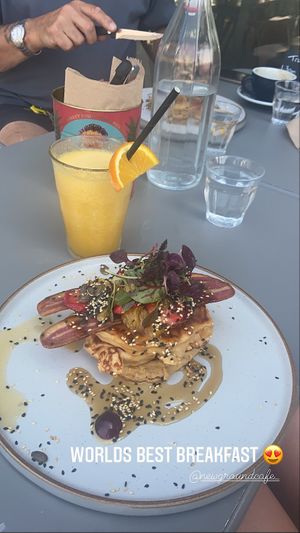 VE pancakes with facon  and fruit  at New Ground in Harlow