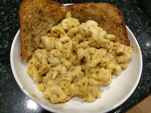 Vegan mac & cheese! With garlic bread. at Seva - Ann Arbor in Ann Arbor